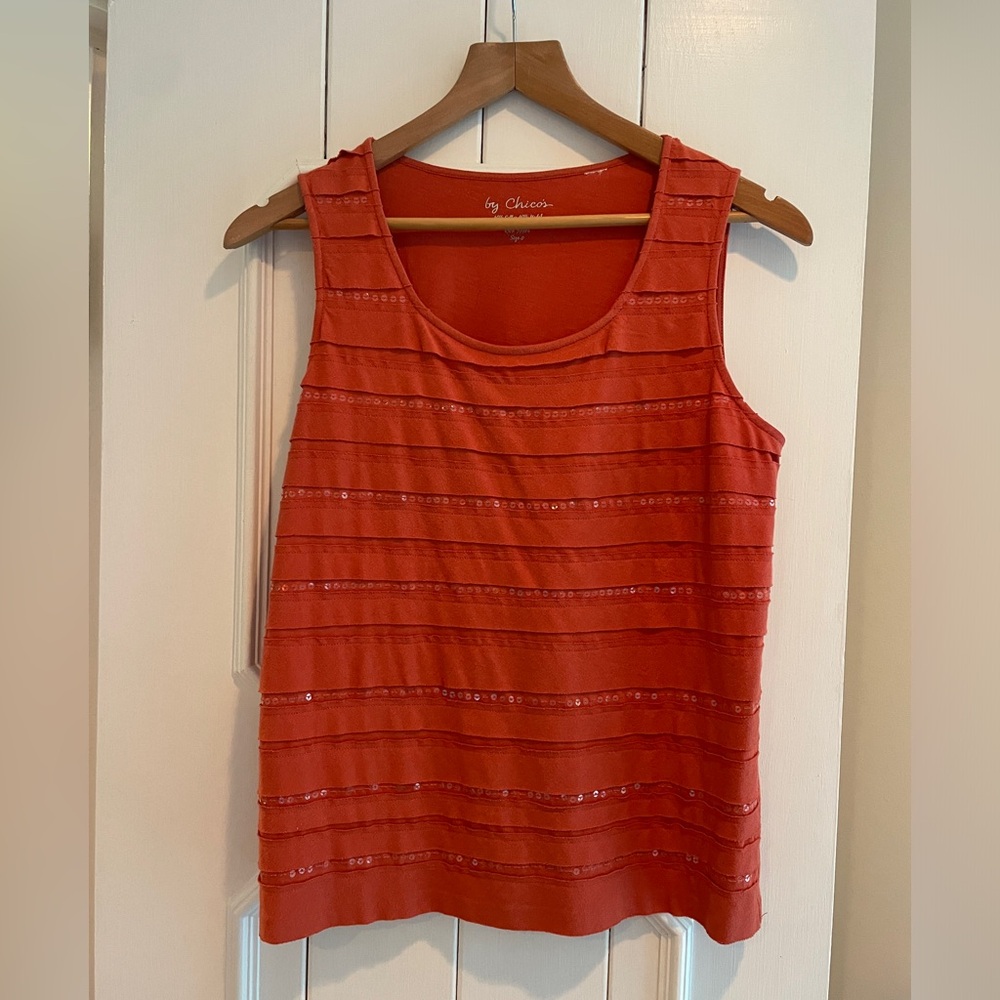 Chico's - Hint Of Sequin Sun Star Orange Tank Top, Chico Size 0, Small